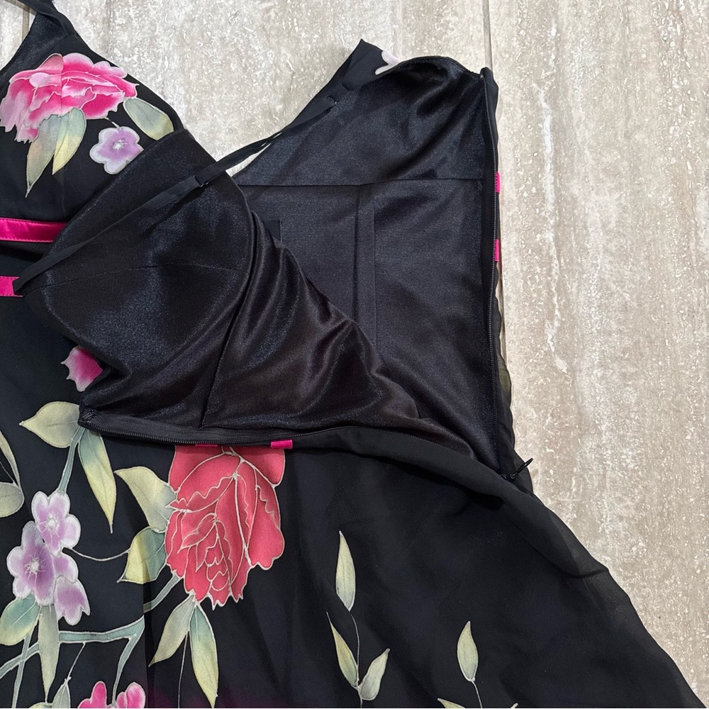 Sue Wong Vintage Y2K Silk Slip Dress Rose Floral print Black/ red Ombré Size 6 - Picture 6 of 8